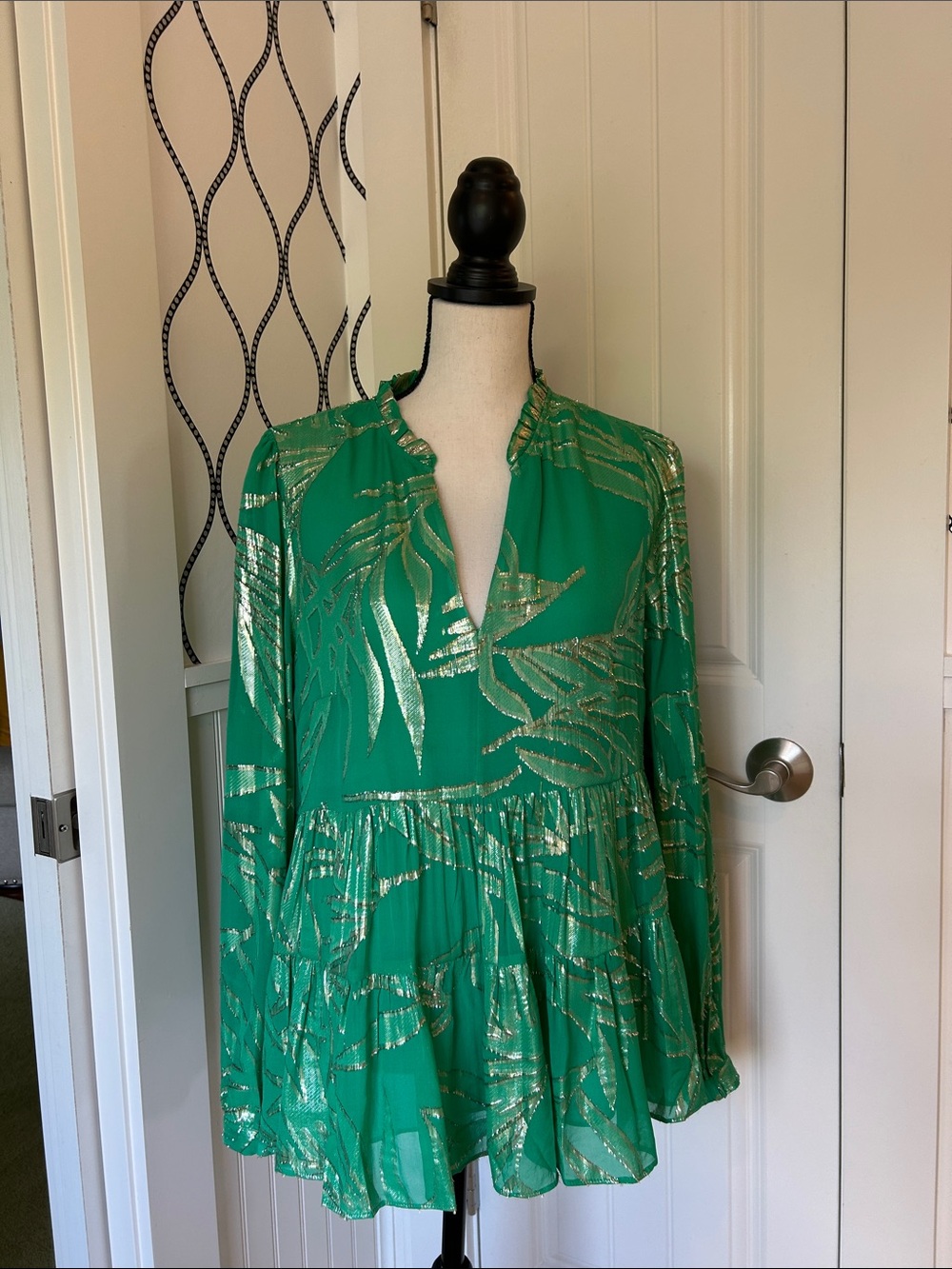 Lilly Pulitzer Green Metallic Leaf Peplum Tunic